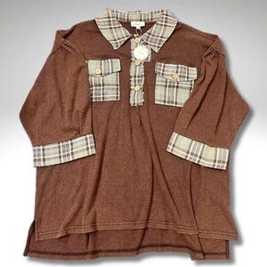3XL Oddy Brown & Plaid Women’s / Juniors Long Sleeve Top NWT